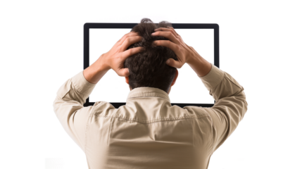Stressed businessman holding his head in front of computer screen, overwhelmed by technology and work pressure. Burnout and frustration concept