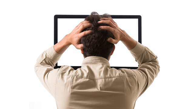 Stressed businessman holding his head in front of computer screen, overwhelmed by technology and work pressure. Burnout and frustration concept