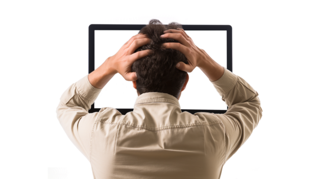 Stressed businessman holding his head in front of computer screen, overwhelmed by technology and work pressure. Burnout and frustration concept
