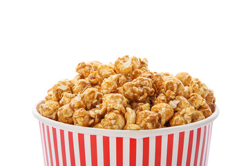 Bucket of tasty caramel popcorn isolated on white background