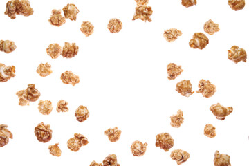 Frame made of flying tasty caramel popcorn on white background