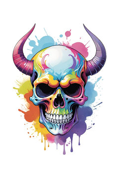 Skull with horns and paint splashes illustration