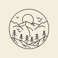 outdoor mountain retro logo inside a circle vector icon symbol minimalist design