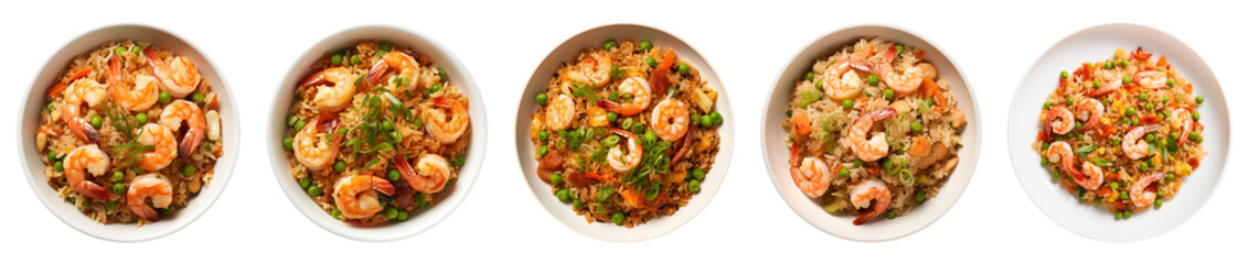 fried rice with shrimp, collection of asian dishes