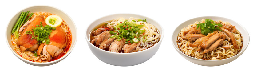 Assortment of Asian Noodle Dishes with Broth and Chicken