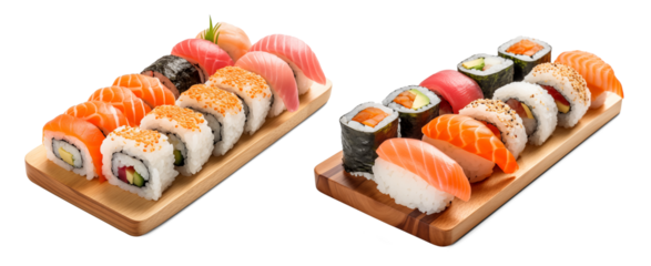 sushi and rolls on wooden trays