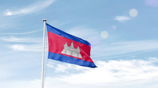 Cambodia national flag cloth fabric waving on the sky - Image