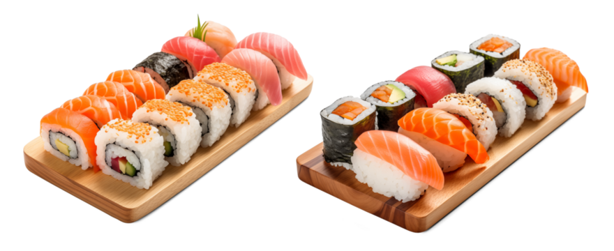 sushi and rolls on wooden trays