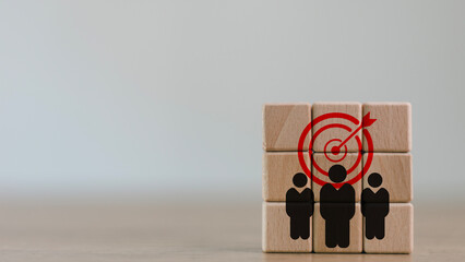 Target customer, buyer persona, marketing segmentation, job recruitment concept. Personalization marketing, customer-centric strategies. Wooden cubes with target customer icon.