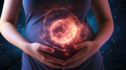 A closeup photo of a pregnant womans belly, gently cradling a growing embryo and showcasing the miraculous beginning of new life. - obrazy, fototapety, plakaty