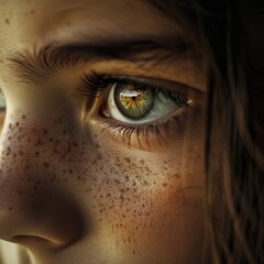 Close-Up of a Person’s Green Eye with Visible Eyelashes and Freckles, Illuminated by Natural Light