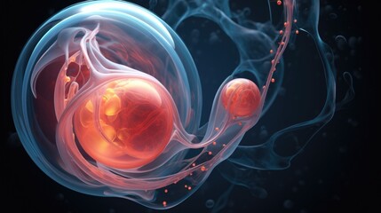 The embryo floats in the amniotic sac, connected to the outside world by the vital umbilical cord and placenta, ensuring its growth and development. - obrazy, fototapety, plakaty