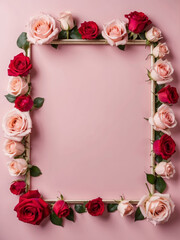 simple portrait wooden photo frame mockup with border of red and pink roses in a pink pastel wall background