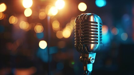 Retro Microphone On Stage With Bokeh Light - obrazy, fototapety, plakaty