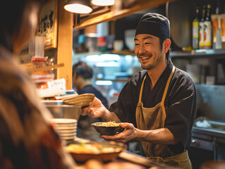A candid shot of a japanese chef, who's also the shop owner, offering ramen as he hands a customer...