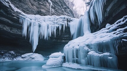 Frozen waterfall with icicles hanging from the rocks