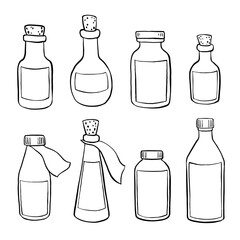 Set of hand-drawn old pharmacy bottles