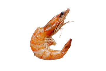 Boiled shrimp tails isolated. headless prawn, pacific shrimp, cooked tiger prawns, jumbo seafood on...