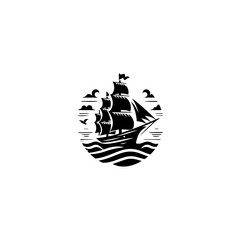 Simple Logo Sailing Ship and Sea Wave black and white