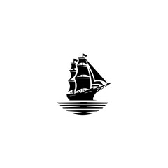 Simple Logo Sailing Ship and Sea Wave black and white