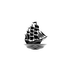 Simple Logo Sailing Ship and Sea Wave black and white