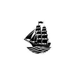 Simple Logo Sailing Ship and Sea Wave black and white