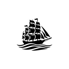 Simple Logo Sailing Ship and Sea Wave black and white