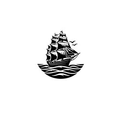 Simple Logo Sailing Ship and Sea Wave black and white