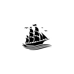 Simple Logo Sailing Ship and Sea Wave black and white