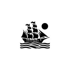 Simple Logo Sailing Ship and Sea Wave black and white