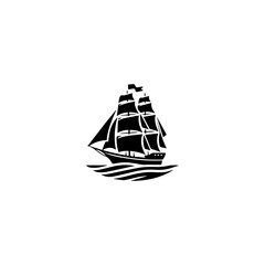 Simple Logo Sailing Ship and Sea Wave black and white