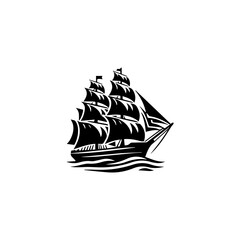 Simple Logo Sailing Ship and Sea Wave black and white