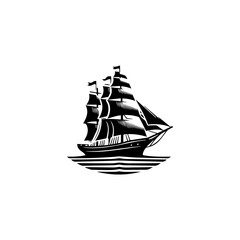 Simple Logo Sailing Ship and Sea Wave black and white
