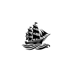 Simple Logo Sailing Ship and Sea Wave black and white