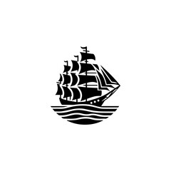 Simple Logo Sailing Ship and Sea Wave black and white