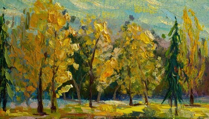 Oil painting view of the trees forest.