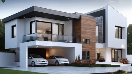Modern Luxury Home Exterior at Dusk with Two Cars in Driveway, Featuring Wooden Accents and Spacious Garage