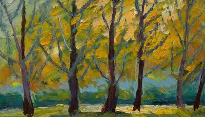 Oil painting view of the trees forest.