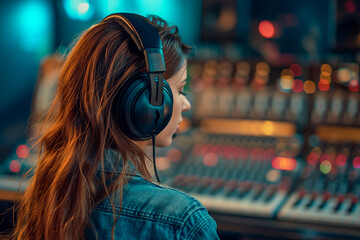 Audio producer young woman using interface controller at home music studio vedio edit production...