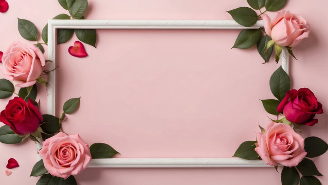 simple landscape white photo frame mockup with border of red and pink roses in a pink pastel wall background