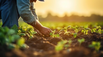 A detailed photograph of a farmer gently tending to a field of crops, demonstrating the delicate balance between nurturing plant embryos and harvesting a bountiful organic yield.