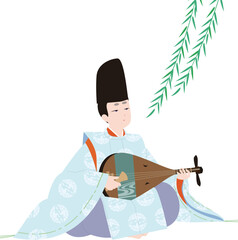 日本の貴族の古典衣裳。しだれ柳と狩衣で琵琶を弾く男性。平安のイメージのイラスト