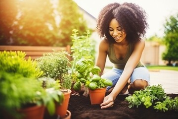 Smiling woman tenderly planting herbs in her sunlit garden, the joy of urban gardening.