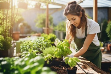 Young caucasian woman tenderly planting herbs in her sunlit garden or backyard, the joy of urban gardening. Slow living concept. 