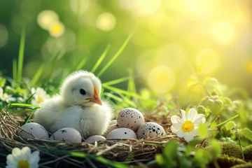 Schilderijen op glas Spring chickens are hatching eggs in the nest,outside world is in a beautiful spring. Happy Easter © Лена Шевчук