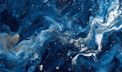Abstract blue marble texture with silver splashes, Generative AI 