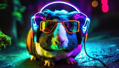Portrait of a guinea pig with headphones and sun glasses.
