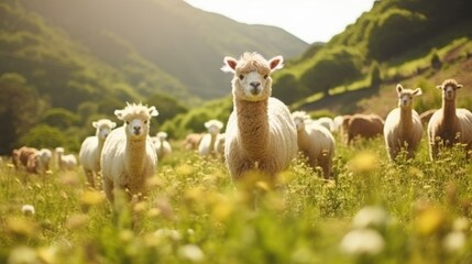 Fototapeta premium A group of friendly alpacas graze peacefully on a lush green pasture in the heart of the rugged mountains.