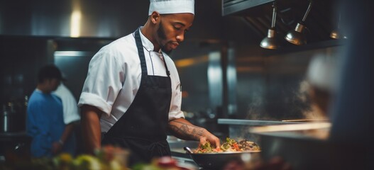Skillful African American chef in action, expertly preparing delicious dishes in a well-equipped...