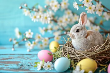 Easter bunnies, colorful eggs, and joyful springtime festivities. Happy Easter - obrazy, fototapety, plakaty